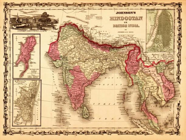 Mapa z roku 1862 zobrazuje britské majetky v hinduostane alebo v Indii.