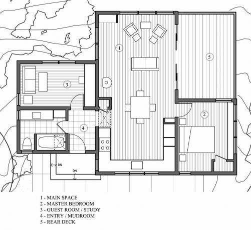 Podpis chatovej osady Mendocino County Houseplan, 840 štvorcových stôp, od architekta Cathy Schwabe