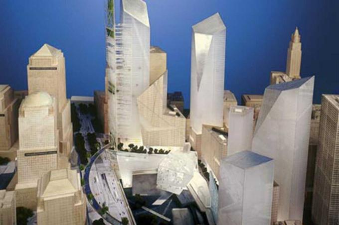 Model pôvodného hlavného plánu Svetového obchodného centra spoločnosti Studio Libeskind December 2002 Prezentácia snímok