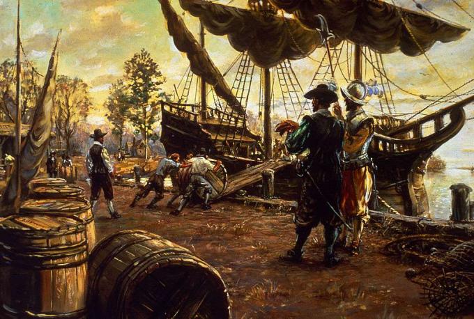 Osadníci valia sudy s tabakom po rampe na loď pri príprave na vývoz, Jamestown, Virgínia, 1615.