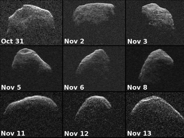 asteroid Apophis videný na radarových obrazoch.