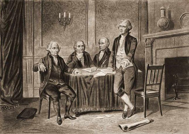 Ilustrácia štyroch otcov zakladateľov Spojených štátov zľava John Adams, Robert Morris, Alexander Hamilton a Thomas Jefferson, 1774.