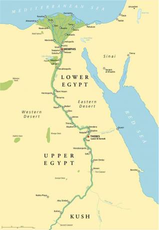 Historická mapa starého Egypta s najdôležitejšími pamiatkami, s riekami a jazerami. Ilustrácia s anglickým označením a mierkou.