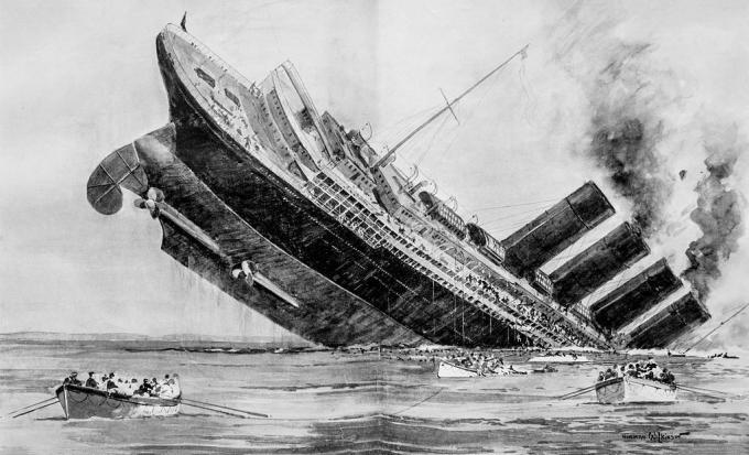 RMS Lusitania sa potápa vo vzduchu.