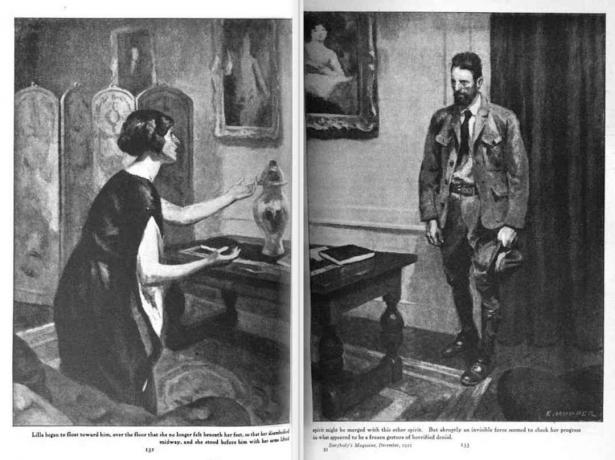 Čiernobiele ilustrácie kľačiacej ženy a vojaka so sklonenou hlavou.