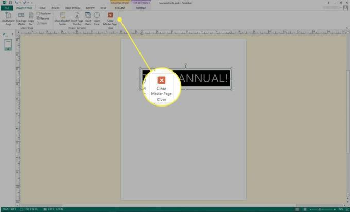 Snímka obrazovky programu Microsoft Publisher so zvýrazneným tlačidlom „Zavrieť hlavnú stránku“