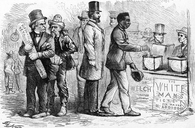 Marec 1867, politická karikatúra Harper's Weekly od amerického karikaturistu Thomasa Nasta, zobrazujúca Afroameričana muž hádzajúci svoj hlas do urny počas volieb v Georgetowne, ako sa na to pozerá Andrew Jackson a ďalší nahnevane.