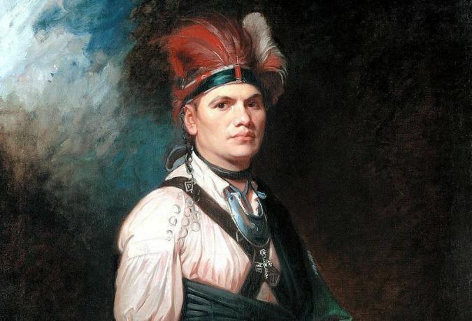 Joseph Brant v indiánskom oblečení s čelenkou