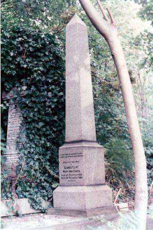 Kamenný obelisk v záhrade s nápisom pripomínajúcim Eliota