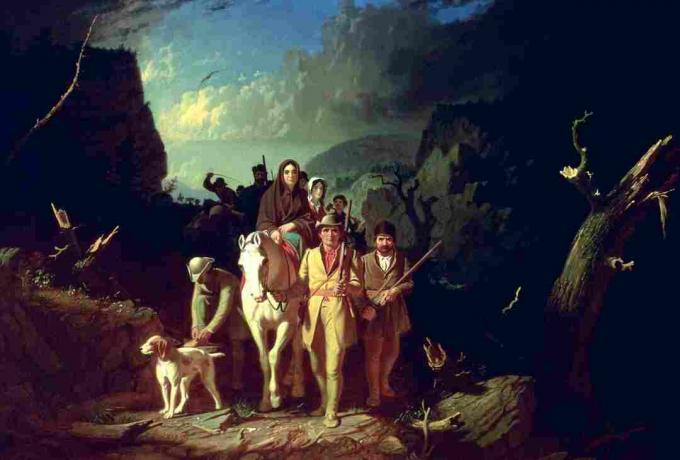 Farebná maľba popredných osadníkov Daniela Boone na Wilderness Road.