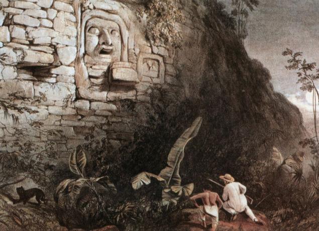Maya Sculpture of Itzamna, litografia Fredericka Catherwooda v roku 1841: je to jediný obraz tejto štukovej masky (2 m vysokej). poľovnícka scéna: biely lovec a jeho mačka na sprievodcovské lovectvo