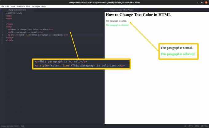 Editor kódu s HTML a zvýraznenými sekciami vľavo a ukážkou HTML a zvýraznenými výsledkami vpravo