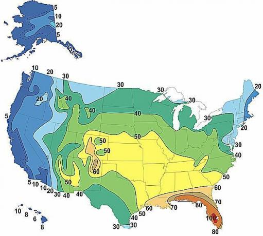 Mapa zobrazujúca priemerný počet búrkových dní každý rok v USA (2010)