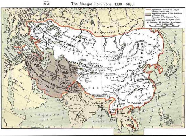 Mapa znázorňujúca mongolské panstvá približne od 1300 do 1405.