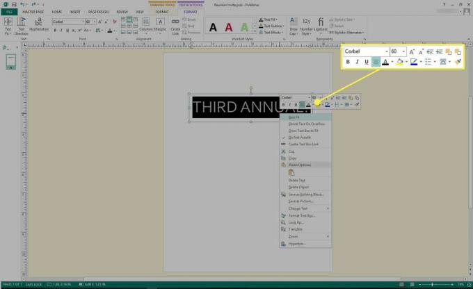 Snímka obrazovky programu Microsoft Publisher so zvýraznenými nástrojmi na formátovanie textu