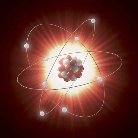 Ilustrácia atómového jadra ako série červených a bielych kruhov, obiehajúcich elektrónmi zastúpenými bielymi kruhmi.