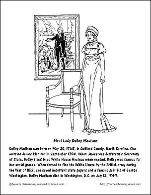 Omaľovánka prvej dámy Dolley Madison