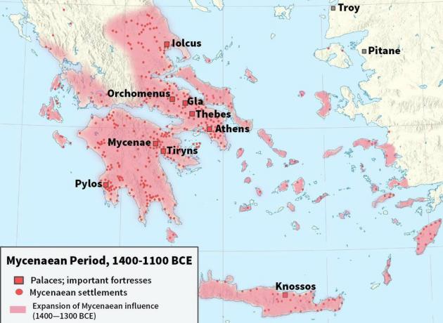 Mapa znázorňujúca mykénsku civilizáciu v rokoch 1400 až 1100 pred Kr.