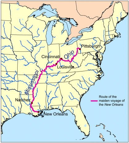 Mapa znázorňujúca trasu prvej plavby parníka Roberta Fultona v New Orleans.