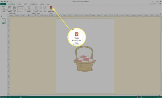 Snímka obrazovky programu Microsoft Publisher so zvýrazneným tlačidlom Zavrieť hlavnú stránku