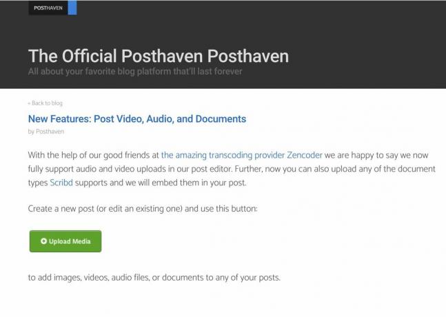 Oznámenie Posthaven o podpore videa, zvuku a dokumentov