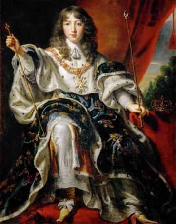 Louis XIV, francúzsky kráľ vo svojich korunovačných plášťoch