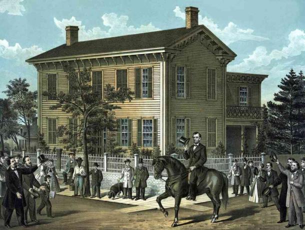 Občianska vojna tlač Abrahama Lincolna jazdiaceho na koni ako dav na zdravie