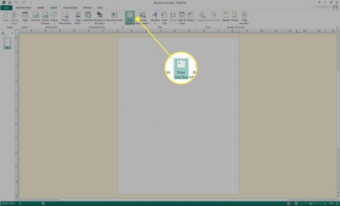 Screenshot aplikácie Microsoft Publisher so zvýrazneným príkazom Draw Text Box