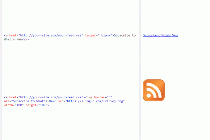 Screenshot ukazujúci dva spôsoby prepojenia na RSS kanál pomocou HTML