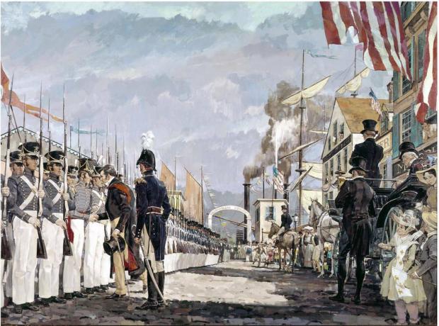 Farebný obraz Marquis de Lafayette, ktorý sa stretol s národnou gardou v New Yorku v roku 1825.