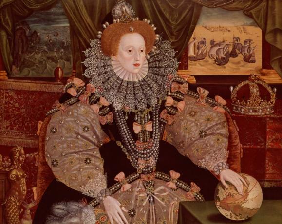 Elizabeth I je vyobrazená v Armada Portrait, c.1588