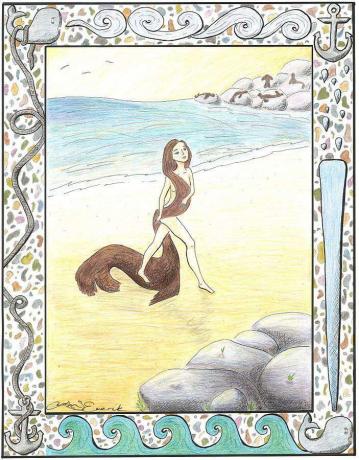 Selská žena vychádza z mora a zhodí kožu z tuleňa.