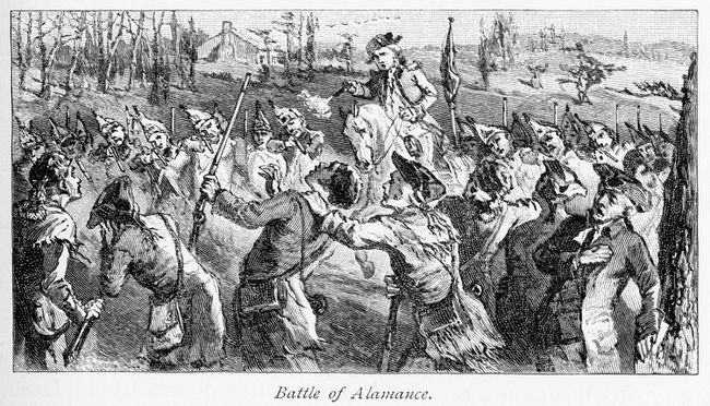 Milície guvernéra Tryona strieľajúce na Regulátorov počas bitky o Alamance, poslednej bitky Vojny regulácií.
