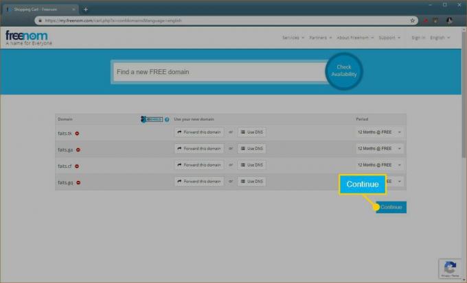 Screenshot z procesu registrácie domény Freenom.