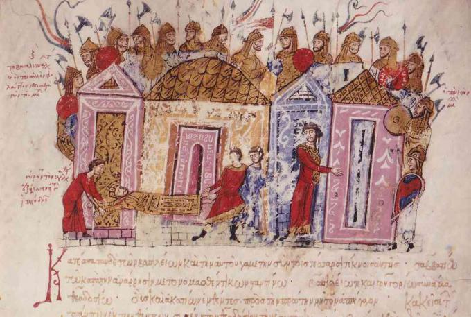 Varangiánska garda (miniatúra z madridských skylitzes), 11. - 12. storočie. Zbierka Biblioteca Nacional, Madrid, Španielsko.