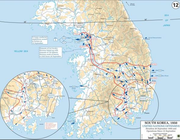 Mapa inchónskej invázie a úpätia prierezu hraníc