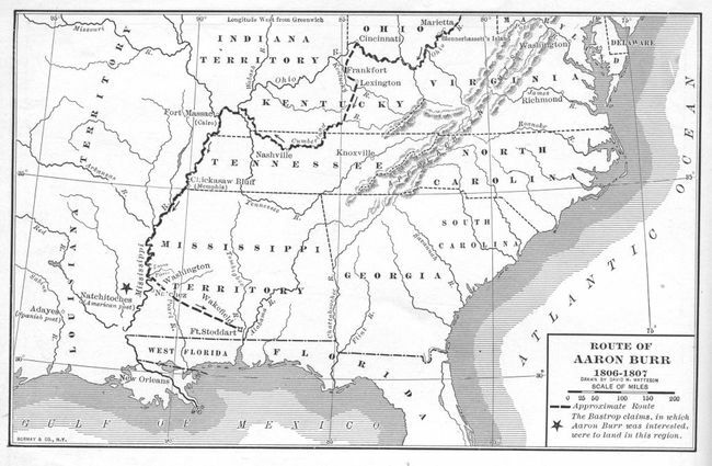 Mapa ilustruje približnú trasu bývalého amerického viceprezidenta Aarona Burra počas jeho cesty po rieke Mississippi v tom, čo sa stalo známym ako Burrovo sprisahanie v rokoch 1806-1807.